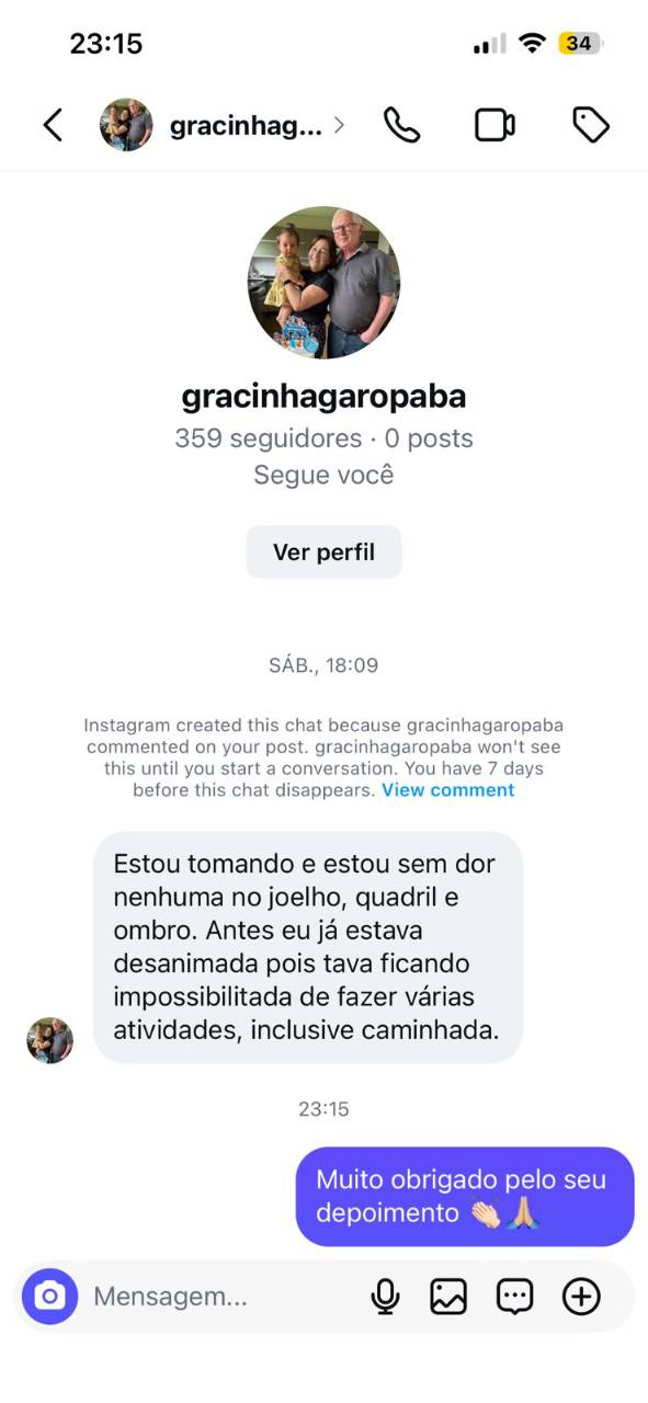 Print de conversa do Instagram em que a cliente relata estar sem dores no joelho, quadril e ombro após começar a tomar o suplemento.